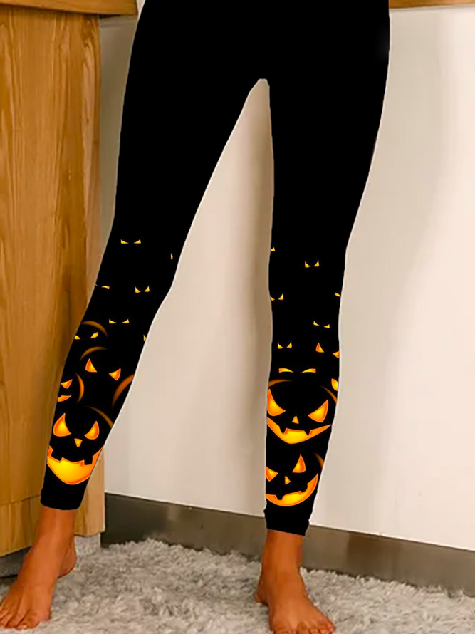 Pumpkin Halloween Casual Tight Jersey Legging With Elastic Band