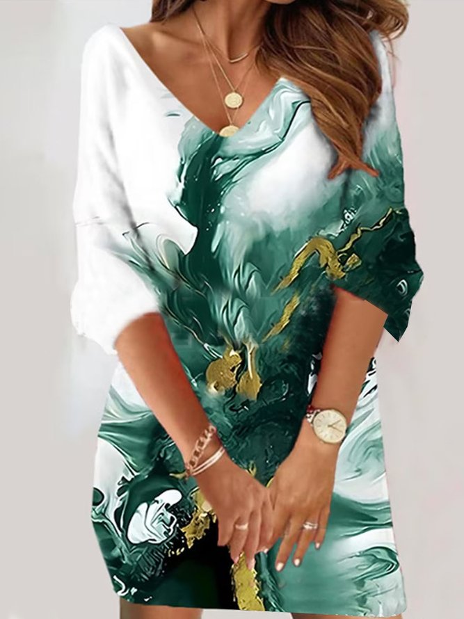 Abstract H-Line Casual V neck Loose Long Sleeve Midi Dress