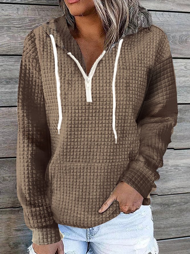 Half Zipper Hoodie 3D Embossed Texture Loose Plain Casual Long Sleeve Sweatshirt With Pockets
