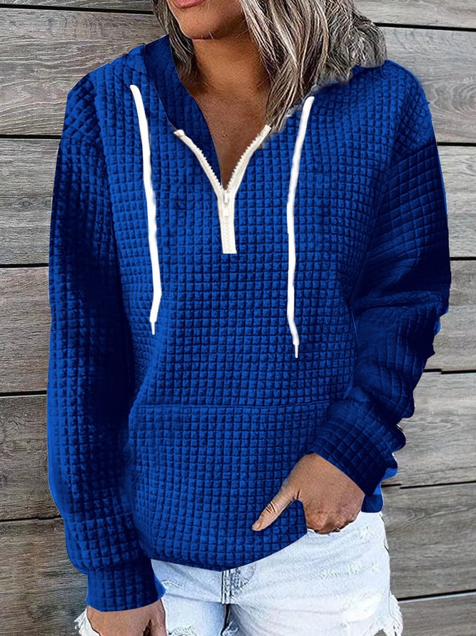 Half Zipper Hoodie 3D Embossed Texture Loose Plain Casual Long Sleeve Sweatshirt With Pockets