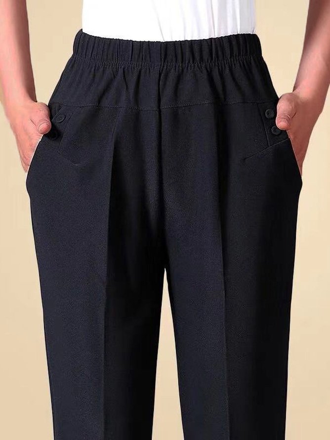 Casual Loose Plain Elastic Band H-Line Straight Pants With Pockets