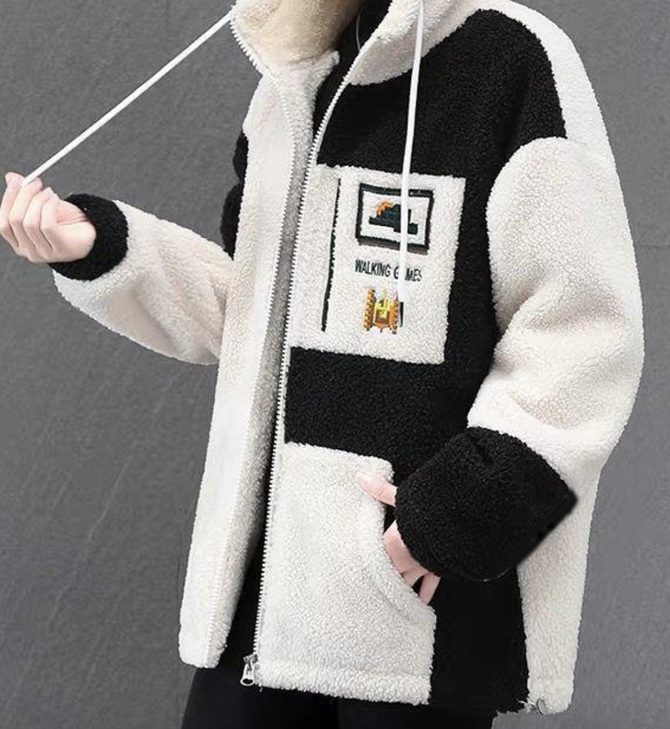 Color Block Long Sleeve Fluff/Granular Fleece Fabric Casual Hoodie Teddy Jacket