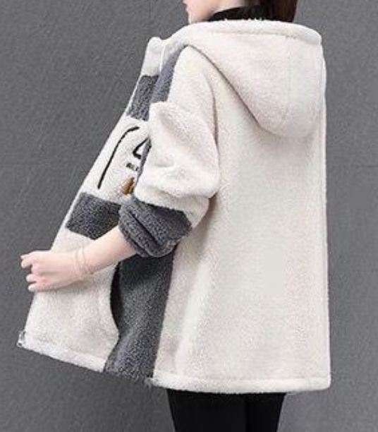 Color Block Long Sleeve Fluff/Granular Fleece Fabric Casual Hoodie Teddy Jacket