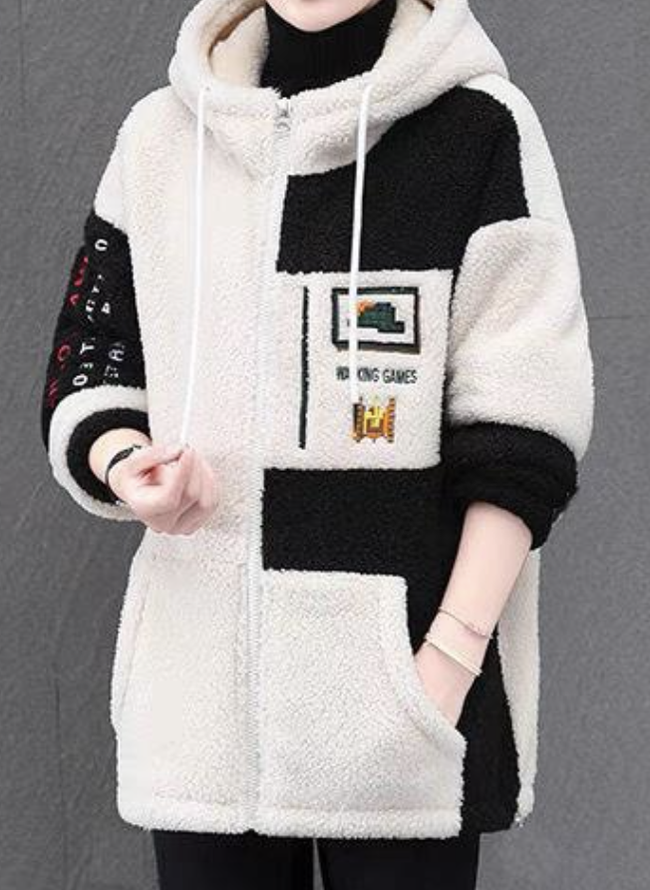 Color Block Long Sleeve Fluff/Granular Fleece Fabric Casual Hoodie Teddy Jacket