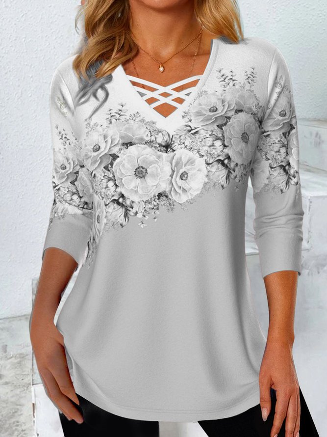 Contrasting Floral Loose V neck Knit Jersey Long Sleeve T-Shirt