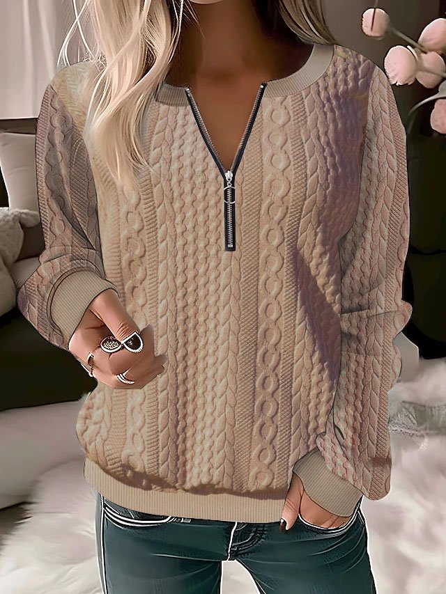Half Zipper Solid Color Casual Texture Knitted V neck H-Line Long Sleeve Sweater