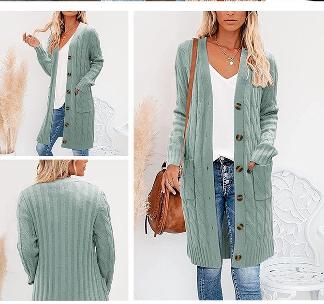 Yarn/Wool Crew Neck Casual Plain Loose H-Line Winter Cardigan With Pockets