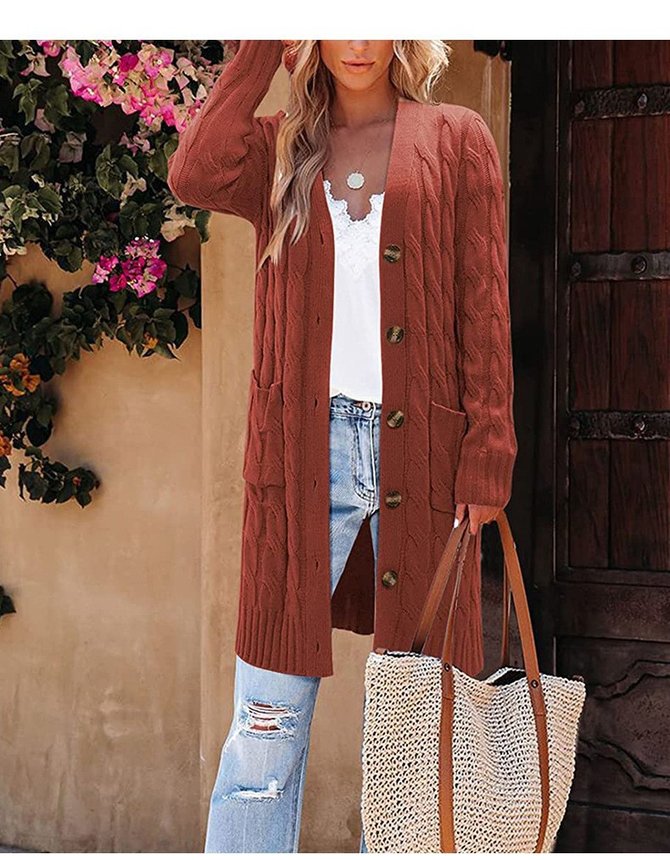 Yarn/Wool Crew Neck Casual Plain Loose H-Line Winter Cardigan With Pockets