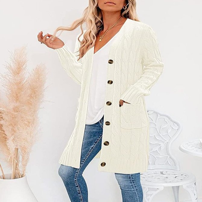 Yarn/Wool Crew Neck Casual Plain Loose H-Line Winter Cardigan With Pockets