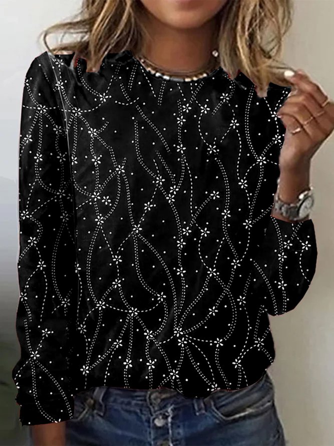 Floral Casual H-Line Crew Neck Jersey Loose Long Sleeve T-Shirt
