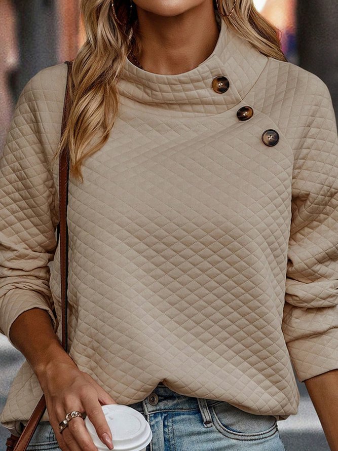 Plain Knitted Fabric Casual Buttoned Stand Collar Heavyweight Long Sleeve Sweatshirt