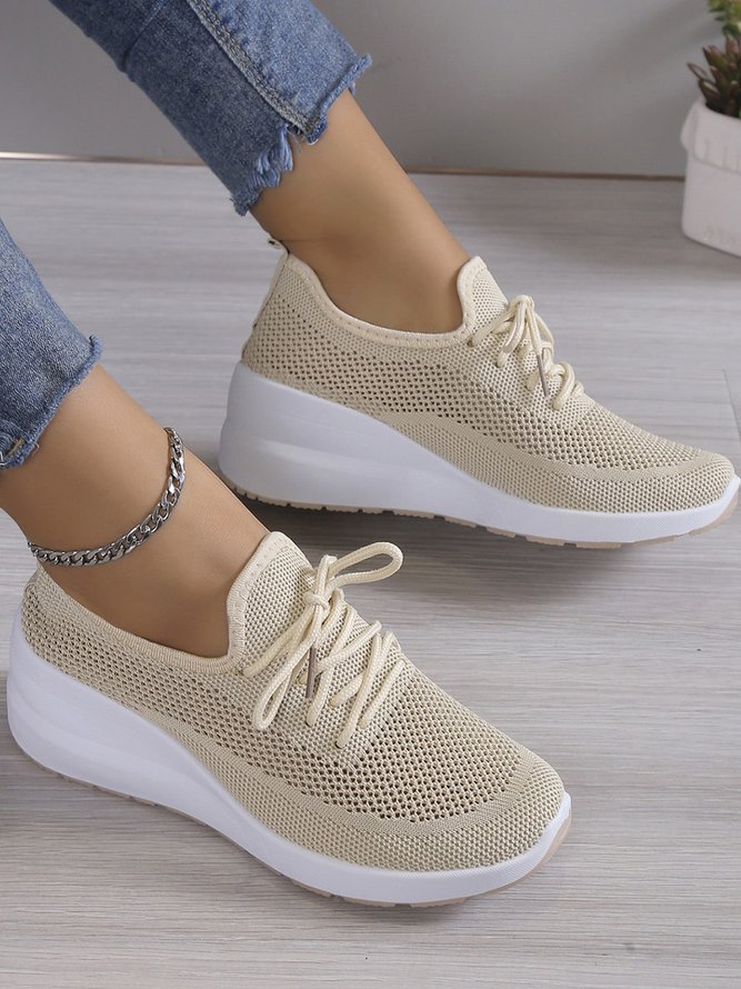 Casual Lace-up Decor Breathable Flyknit Wedge Heel Slip On Sneakers