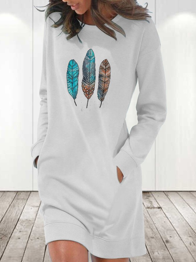 Loose Feather Pattern Casual Crew Neck Dress