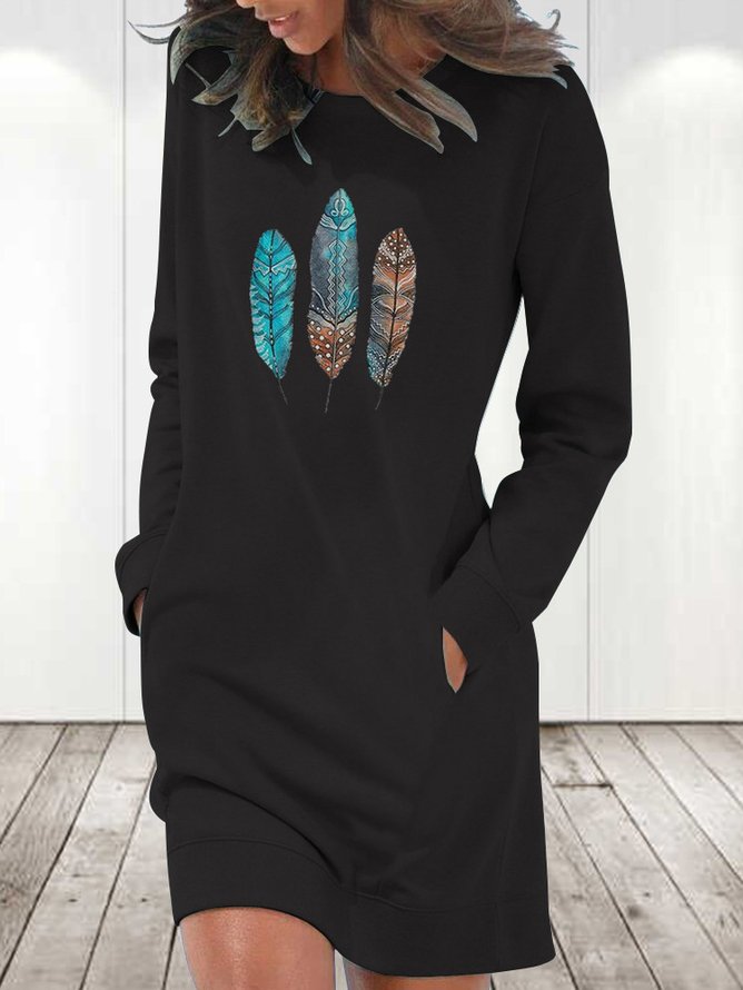 Loose Feather Pattern Casual Crew Neck Dress