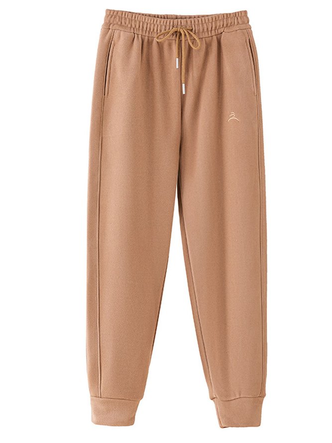 Loose Plain Winter Casual Thickened H-Line Elastic Waistband Straight Pants With Pockets