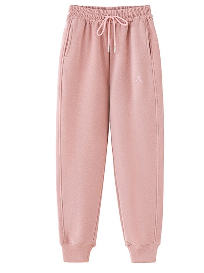 Loose Plain Winter Casual Thickened H-Line Elastic Waistband Straight Pants With Pockets