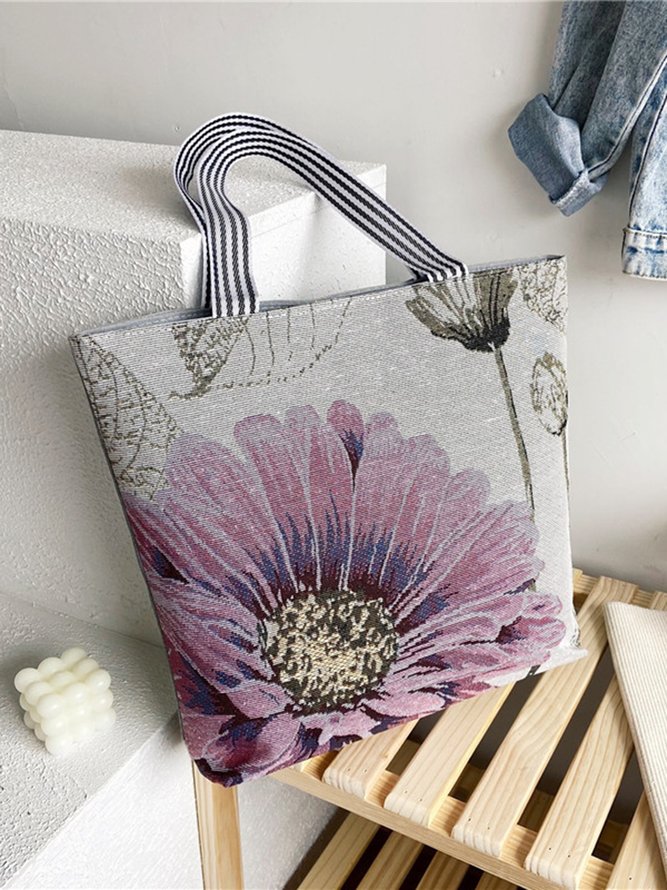 Casual Cartoon Cat Floral Shopping Tote with Zipper