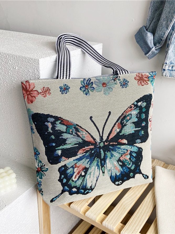 Casual Cartoon Cat Floral Shopping Tote with Zipper