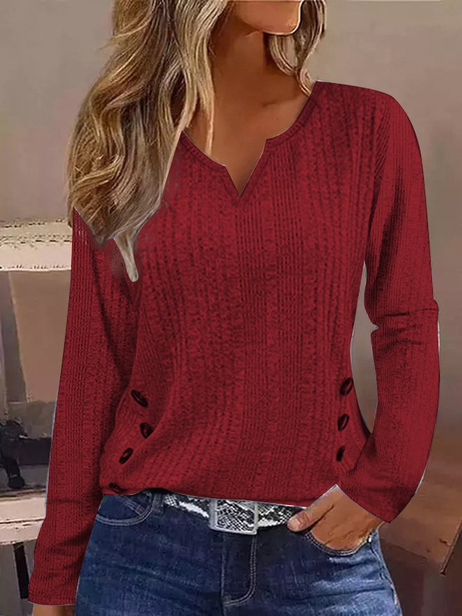 Buckle Plain Notched Neck Long Sleeve H-Line Rib Fabric Casual T-Shirt