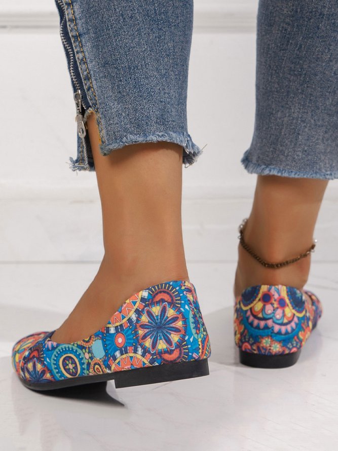 Women Ethnic Floral Print Flat Shallow Shoes