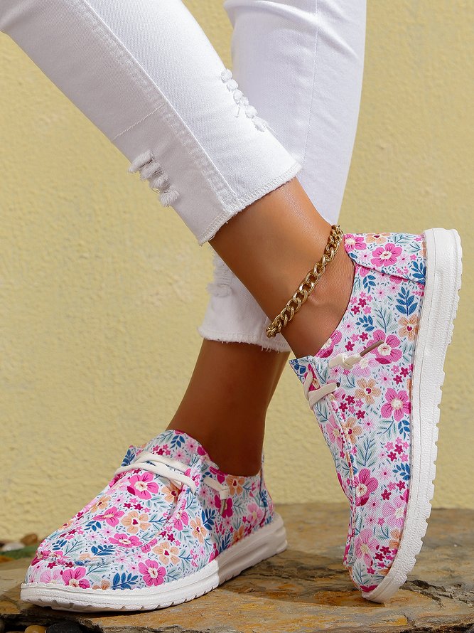 Women Floral Print Casual Lace-Up Boat Shoes