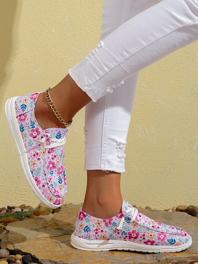 Women Floral Print Casual Lace-Up Boat Shoes