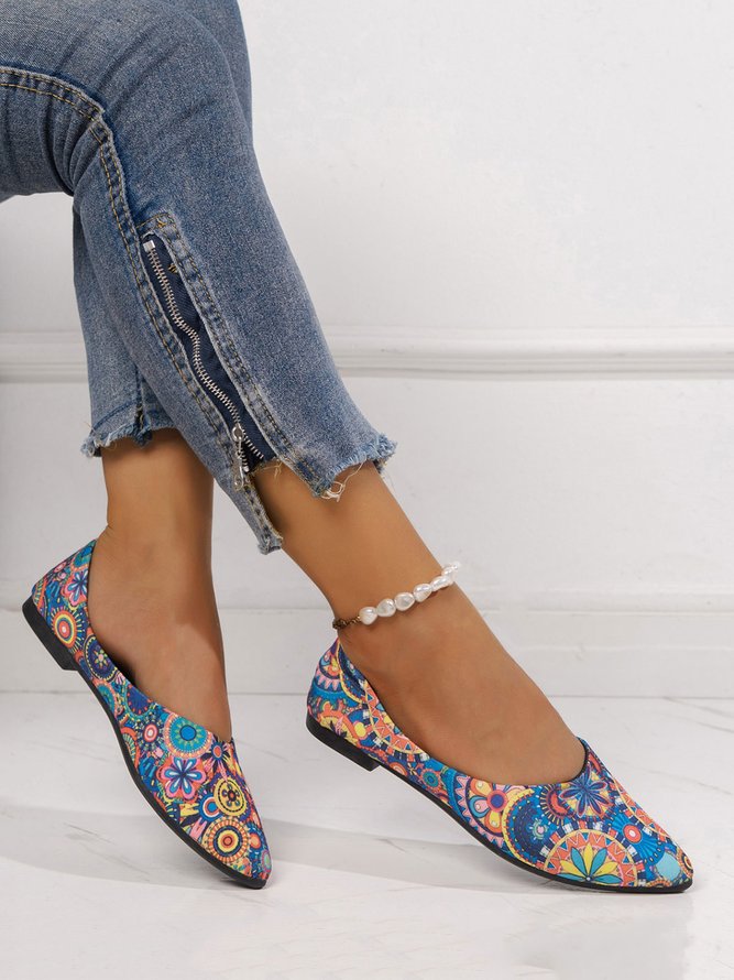 Women Ethnic Floral Print Flat Shallow Shoes