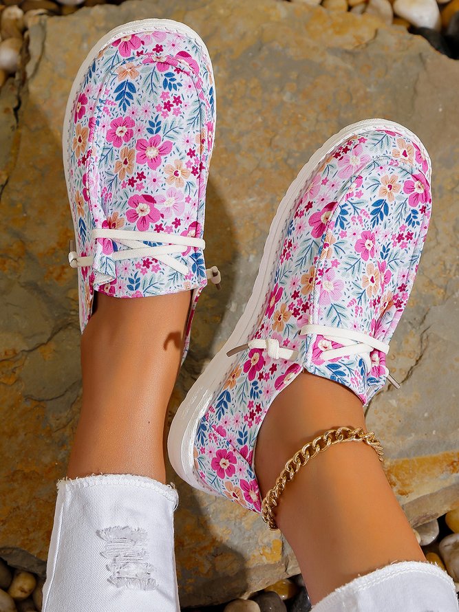 Women Floral Print Casual Lace-Up Boat Shoes