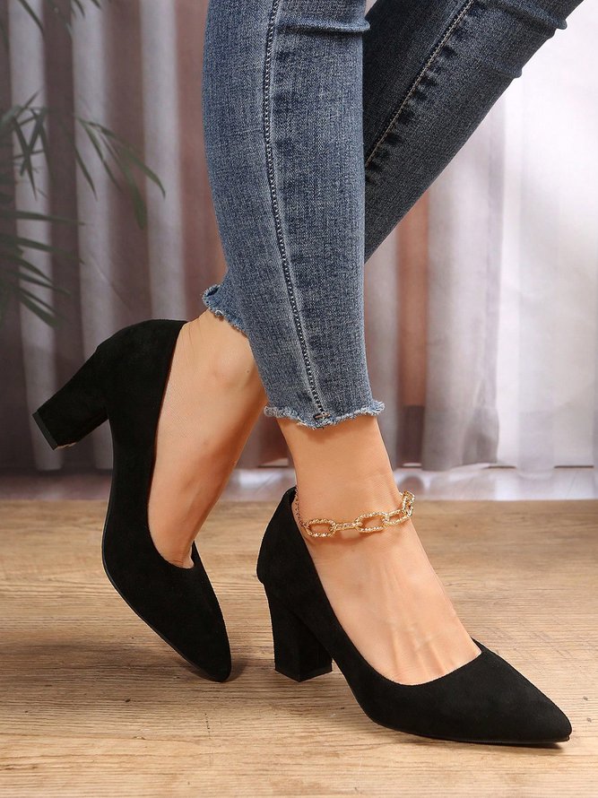 Women Minimalist Pointed Toe Chunky Heel Shallow Pumps