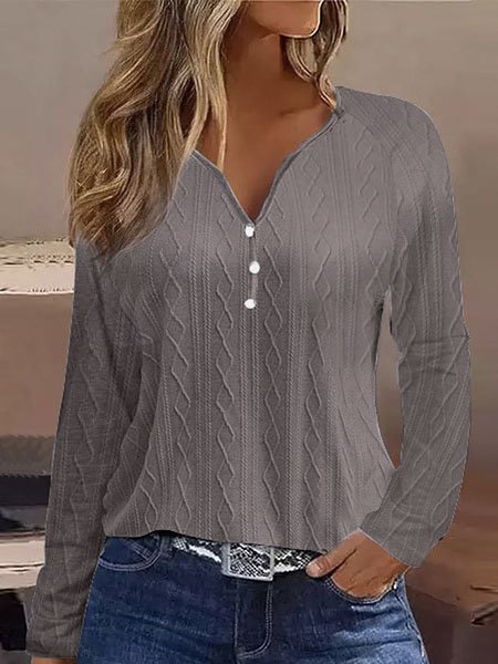 Plain Casual Jacquard Textured Knitted V-Neck H-Line Loose Long Sleeve T-Shirt