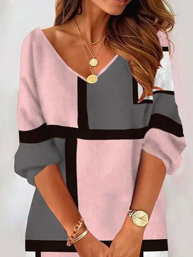 Plus Size Colorblock Jersey Loose Casual V Neck H-Line Long Sleeve T-Shirt Dress