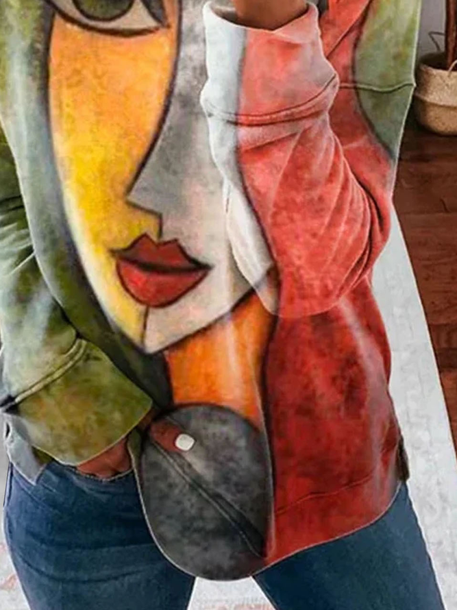 Plus Size Casual Face Crew Neck Loose Sweatshirt