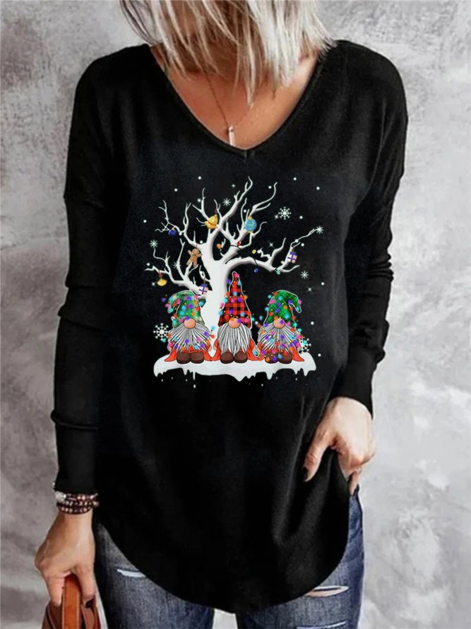 Christmas Knitted Loose Casual V Neck H-Line Long Sleeve T-Shirt
