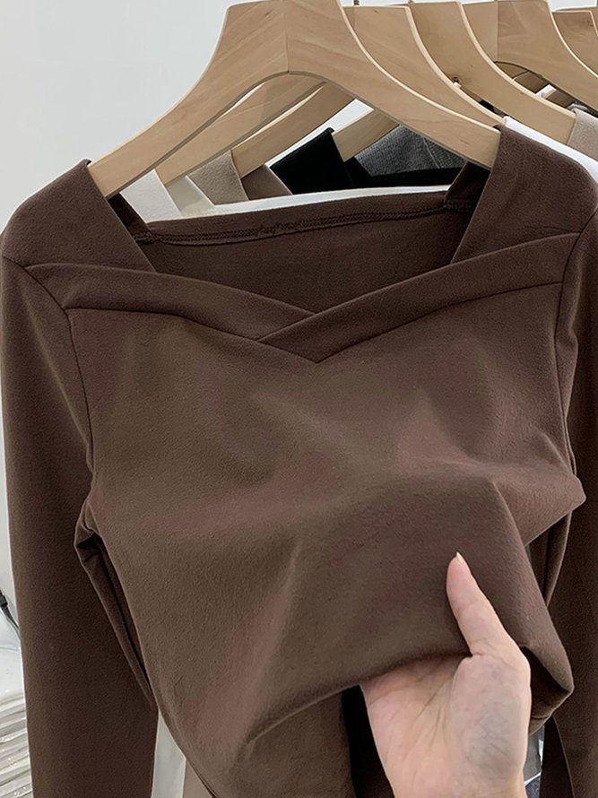 Square Neck Irregular Brushed Warm T-Shirt
