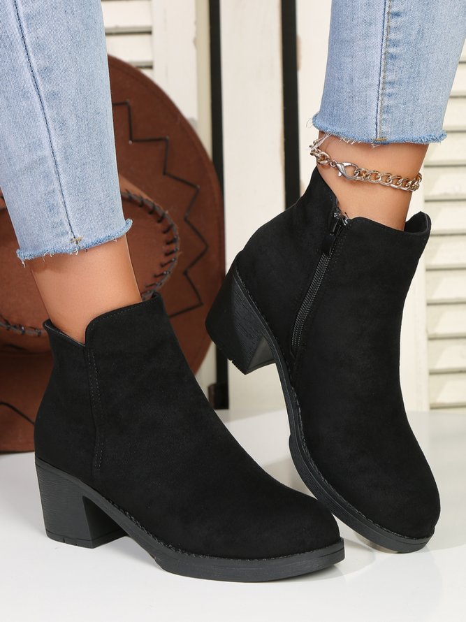Women Minimalist Faux Suede Block Heel Boots