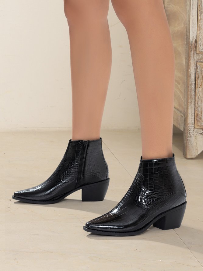 Lady Minimalist Crocodile Texture Embossed Block Heel Fashion Boots