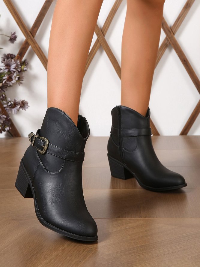 Vintage Buckle Block Heel Zip Western Boots