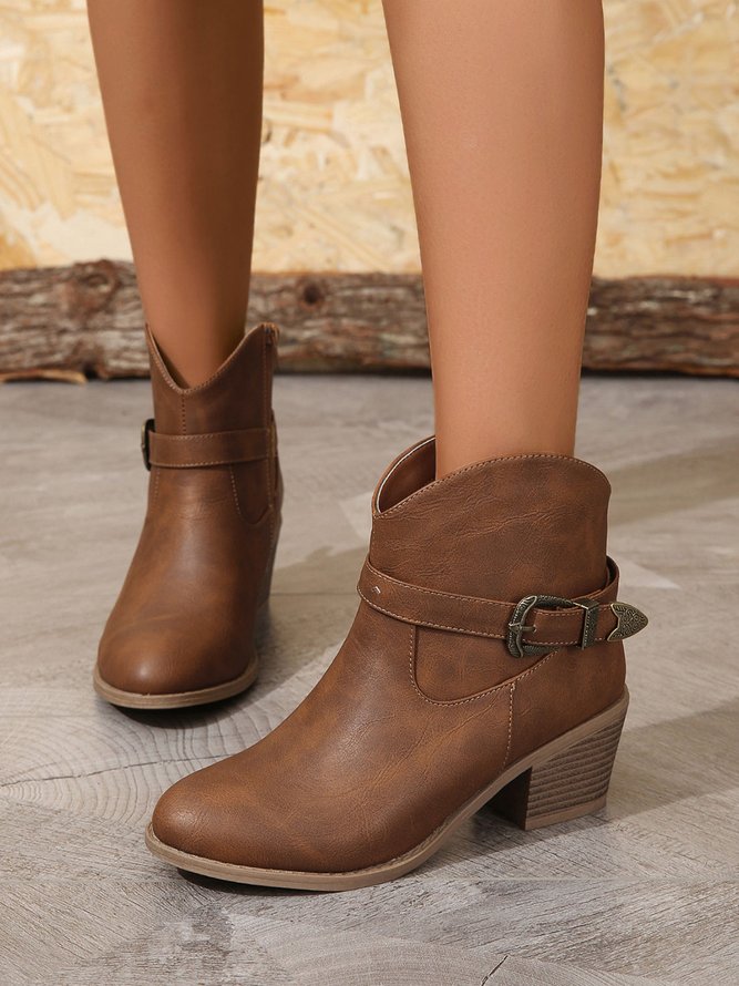 Vintage Buckle Block Heel Zip Western Boots