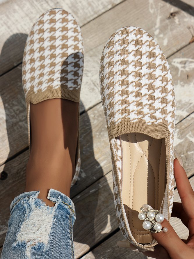 Casual Houndstooth Comfy Mesh Fabric Slip On Flat Shoes