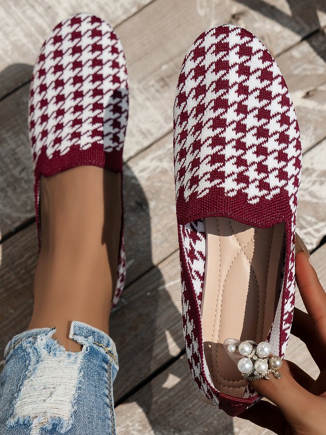 Casual Houndstooth Comfy Mesh Fabric Slip On Flat Shoes