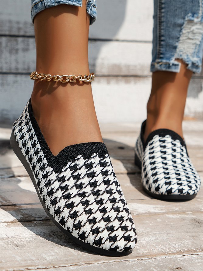 Casual Houndstooth Comfy Mesh Fabric Slip On Flat Shoes