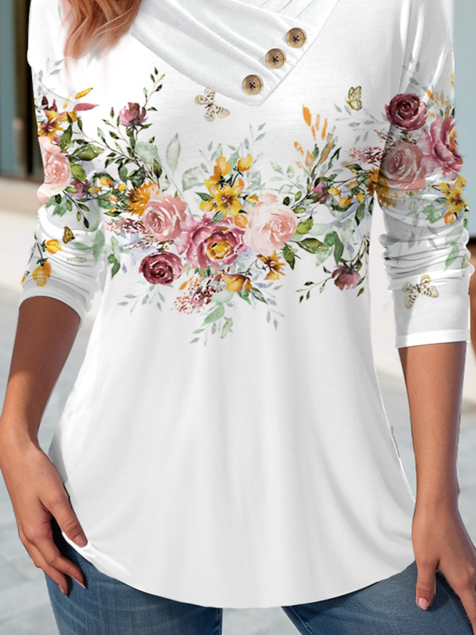 Jersey Floral Casual Buckle T-Shirt