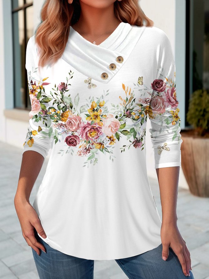 Jersey Floral Casual Buckle T-Shirt