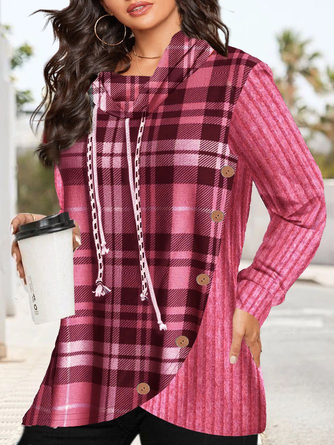 Loose Plaid Buttoned Casual Turtleneck Long Sleeve Sweatshirt