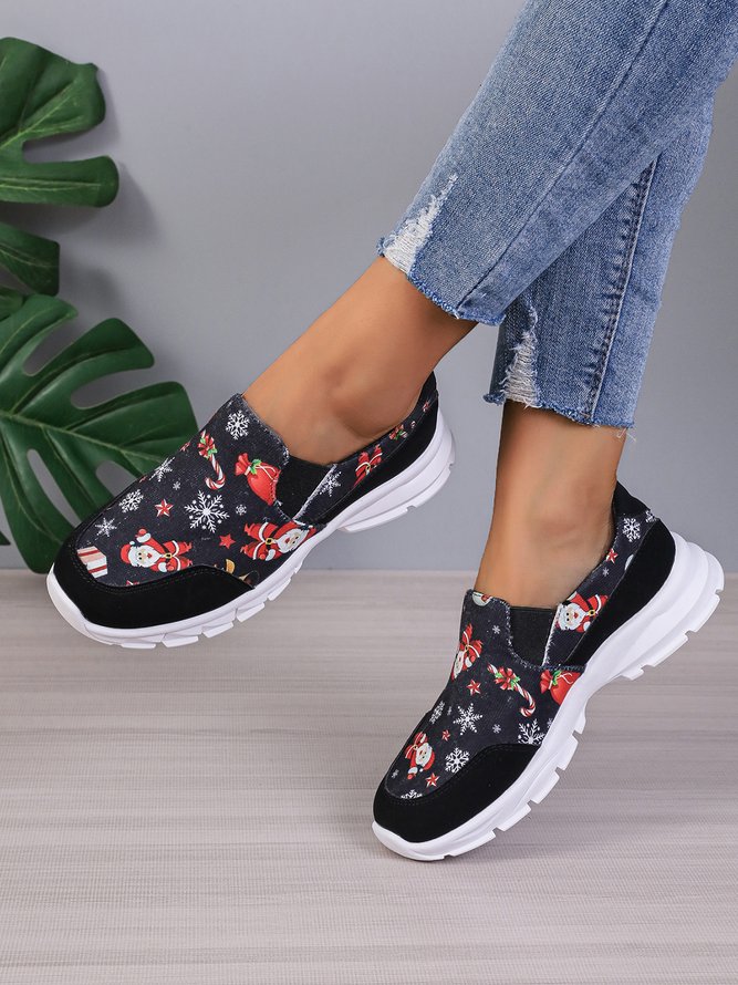 Christmas Snowman Snowflake Color Block Casual Slip On Sneakers