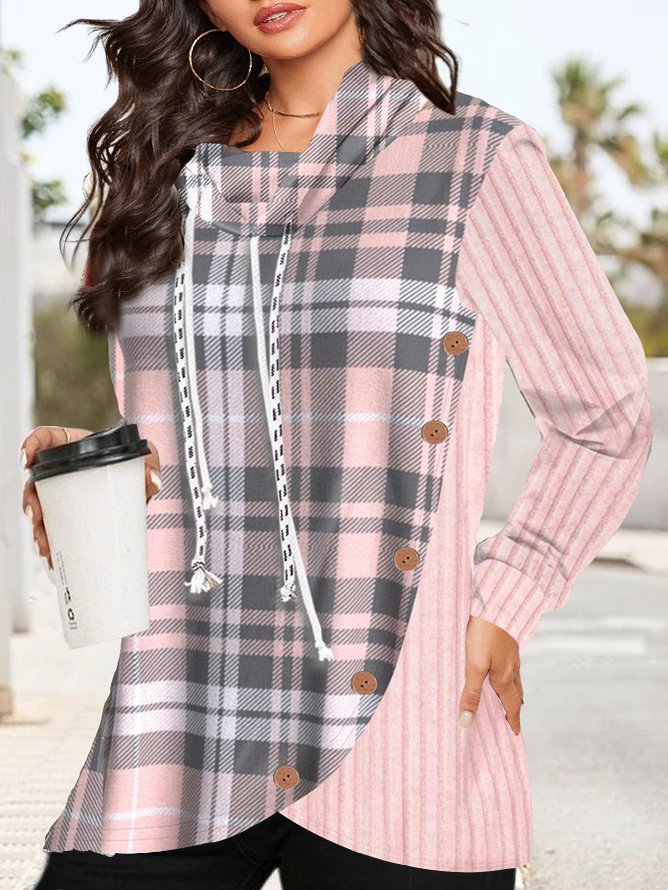 Loose Plaid Buttoned Casual Turtleneck Long Sleeve Sweatshirt