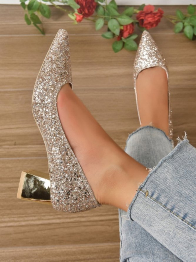 Women Glitter Point Toe Chunky Heeled Shallow Pumps