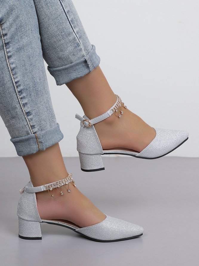 Elegant Rhinestone Decor Ankle Strap Glitter Block Heel Hollow Shoes