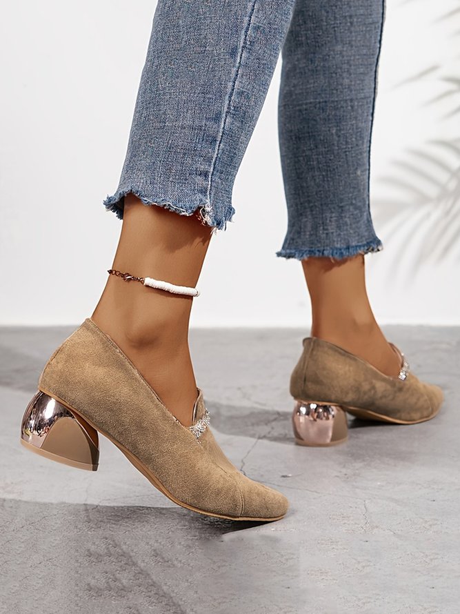 Rhinestone Decor Faux Suede Point Toe Block Heel Pumps