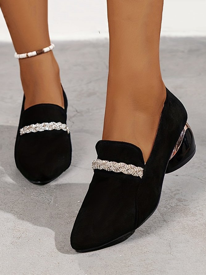 Rhinestone Decor Faux Suede Point Toe Block Heel Pumps